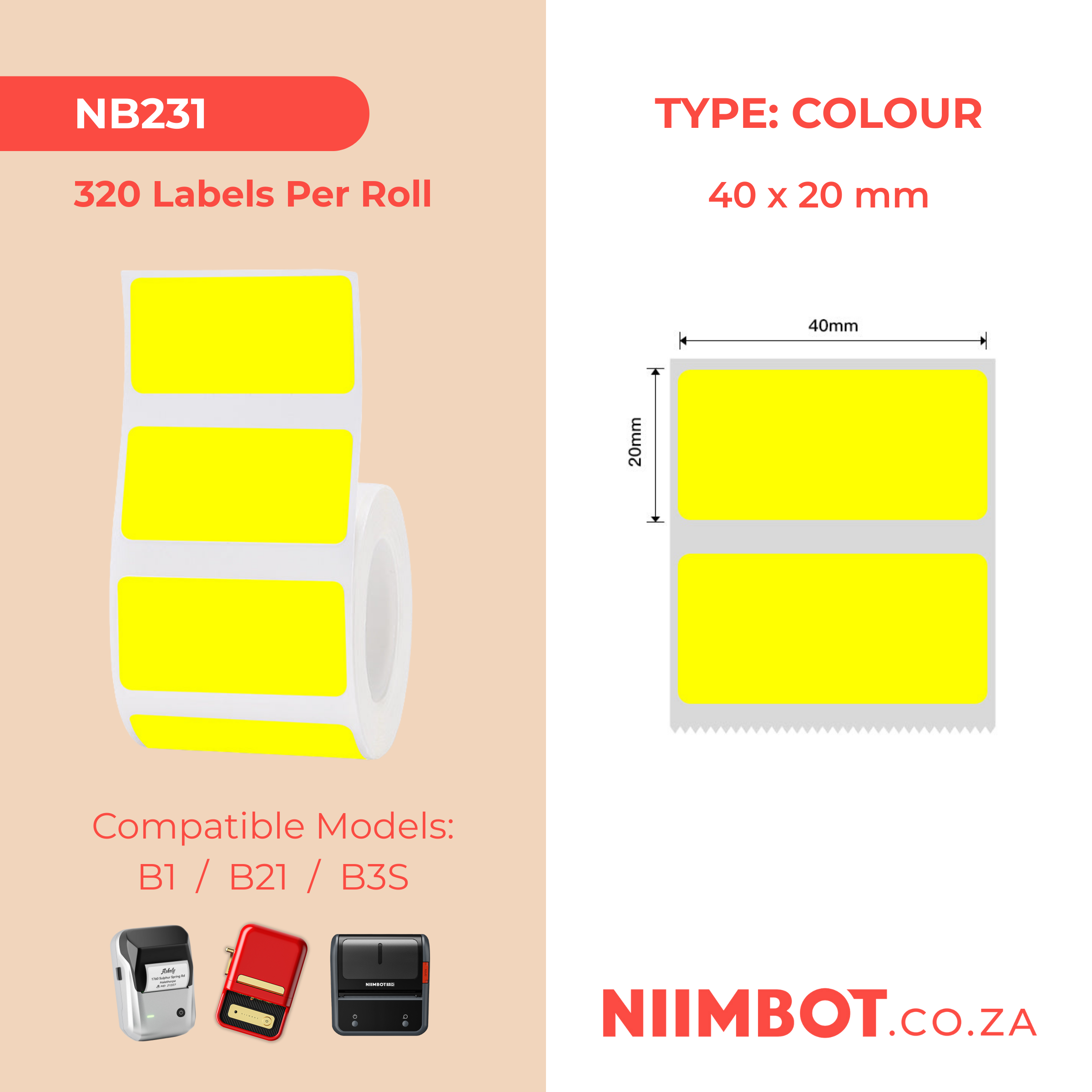 NB231 - NIIMBOT - B1 / B21 / B3S - 40*20MM - 320 YELLOW THERMAL LABELS