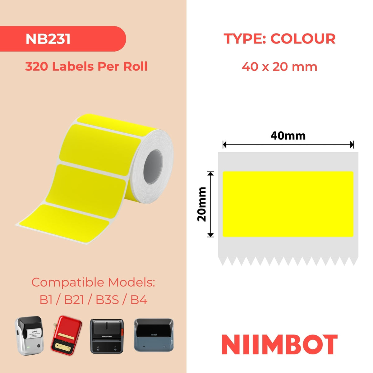 NB231 - NIIMBOT - B1 / B21 / B3S - 40*20MM - 320 GEEL TERMIESE ETIKETTE 