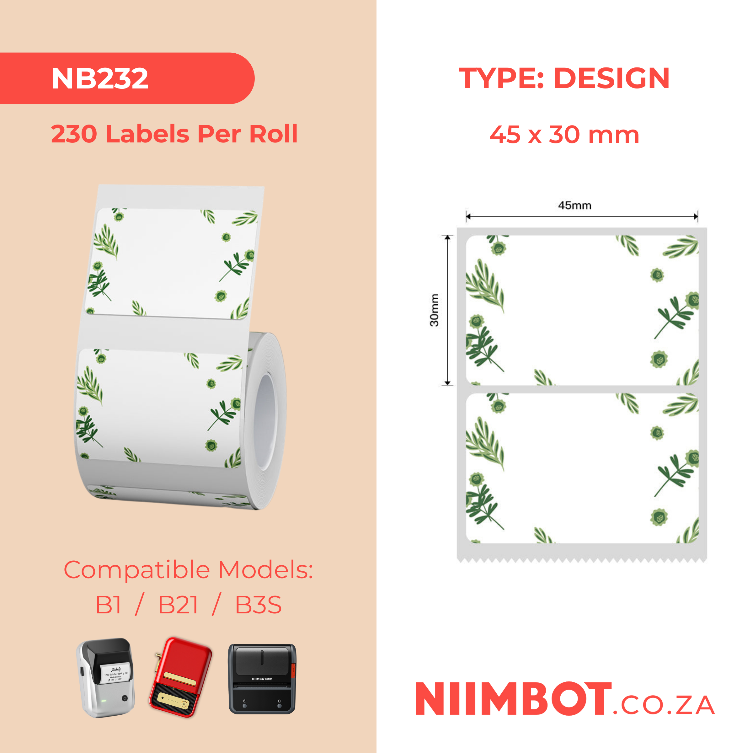 NB232 - NIIMBOT - B1 / B21 / B3S - 45*30MM - 230 LABELS PER ROLL - PLANT DESIGN