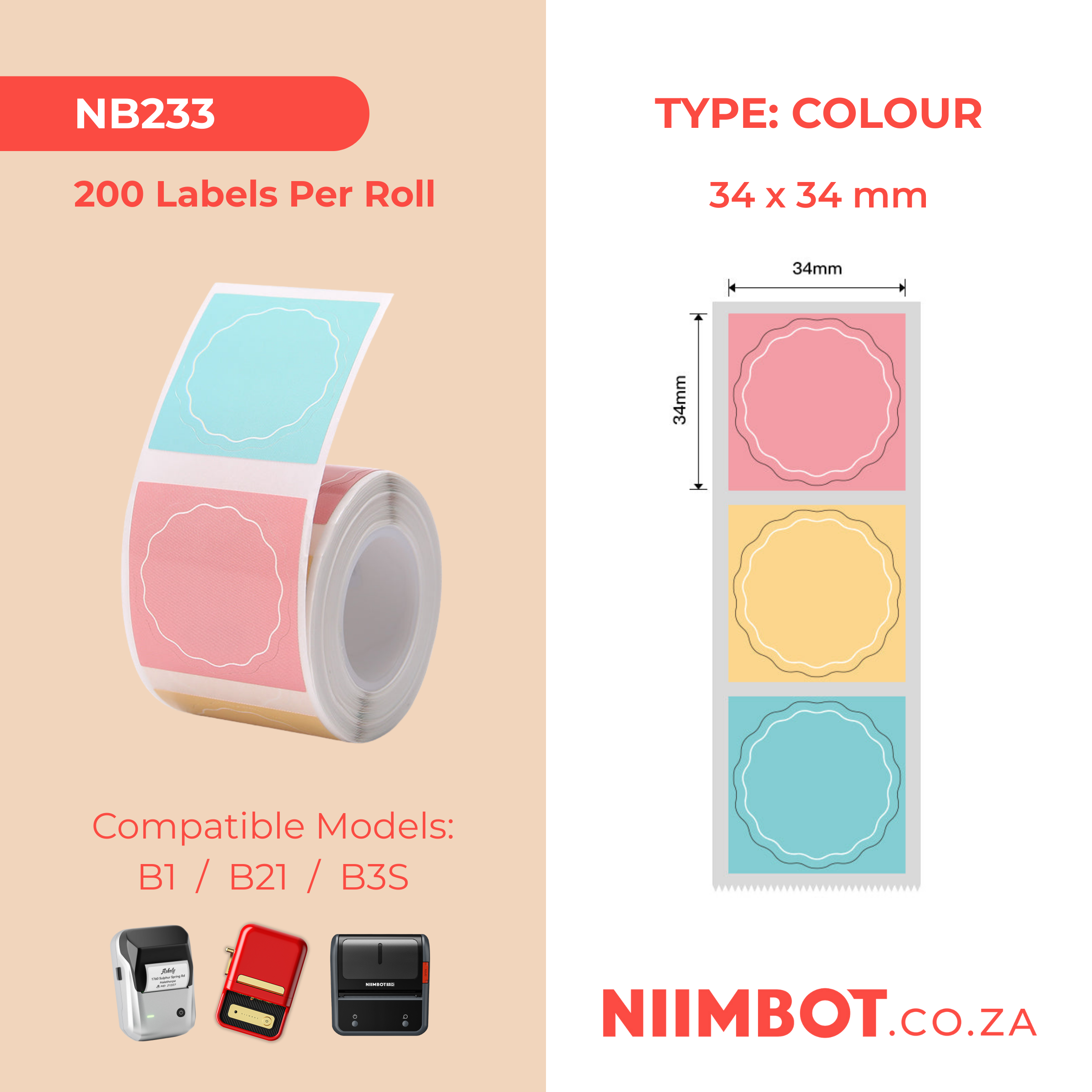 NB233 - NIIMBOT - B1 / B21 / B3S - T34*34MM - 200 WAVY ROUND THERMAL LABELS - PINK, YELLOW AND BLUE