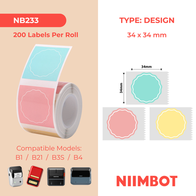 NB233 - NIIMBOT - B1 / B21 / B3S / B4 - 34X34MM - 200 WAVY ROUND PINK, YELLOW & BLUE MIXED LABELS