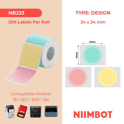 NB233 - NIIMBOT - B1 / B21 / B3S - T34*34MM - 200 GOLWENDE RONDE TERMIESE ETIKETTE - PIENK, GEEL EN BLOU 