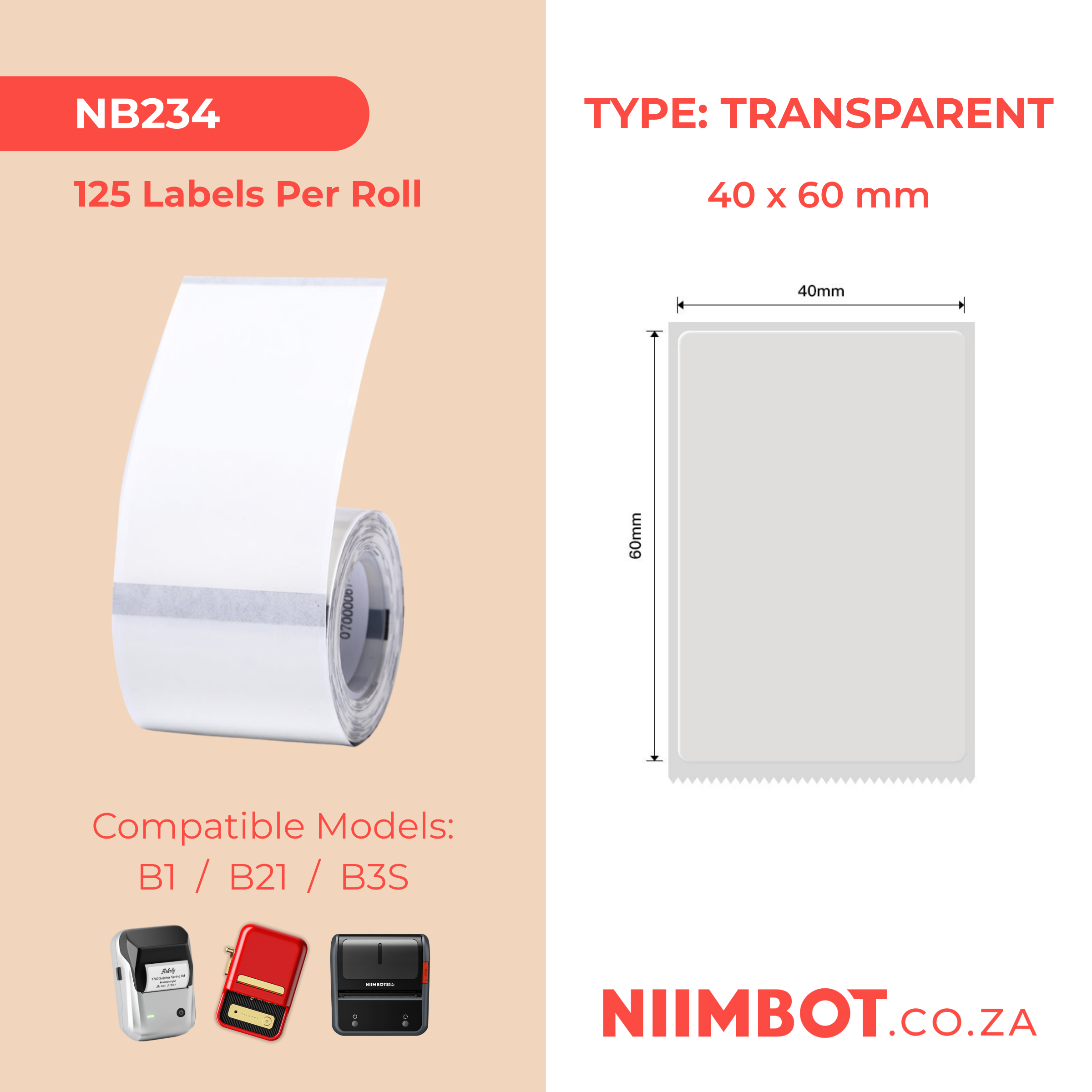 NB234 - NIIMBOT - B1 / B21 / B3S - TT40*60MM - 125 LABELS PER ROLL - TRANSPARENT