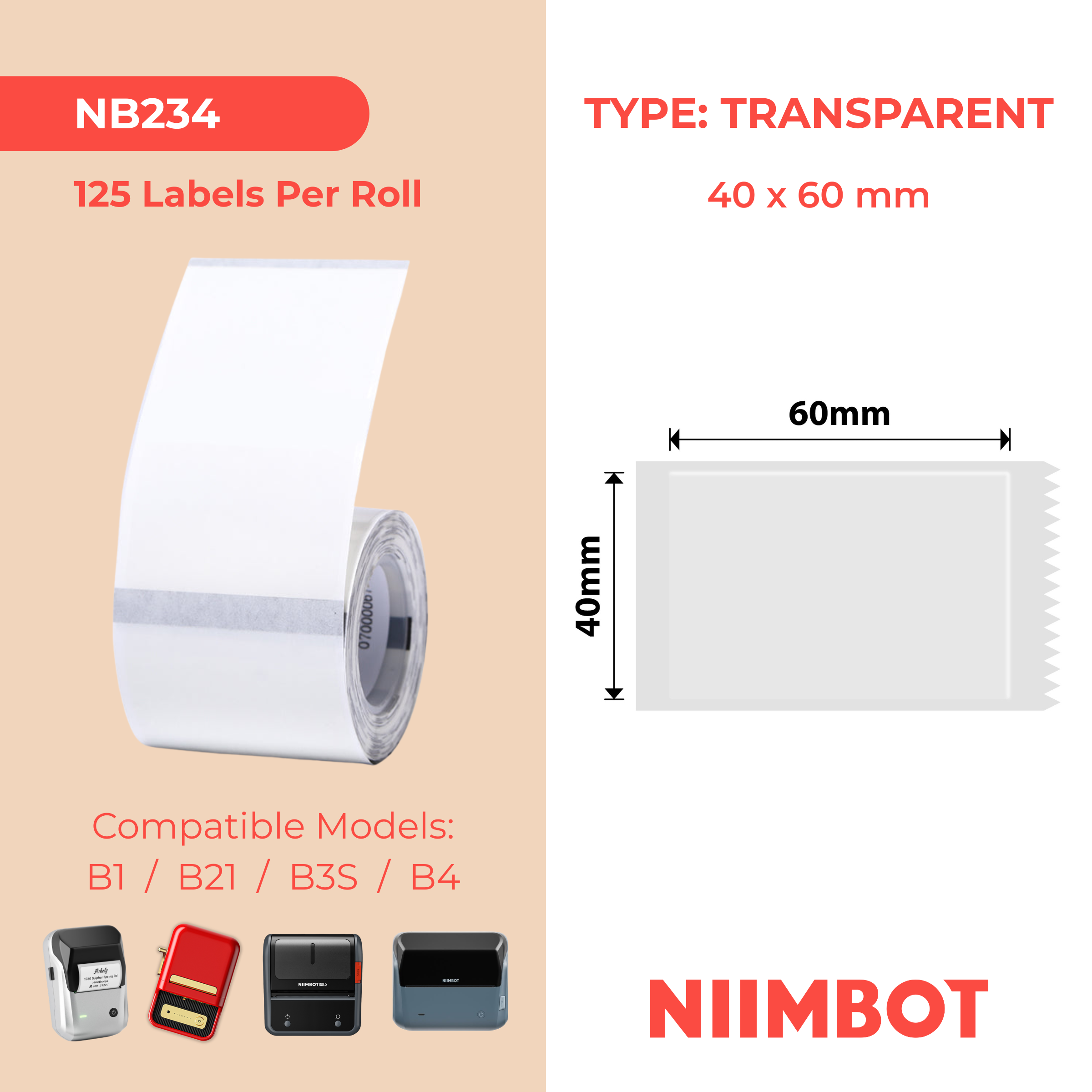 NB234 - NIIMBOT - B1 / B21 / B3S - TT40*60MM - 125 ETIKETTE PER ROL - DEURSIGTIG 