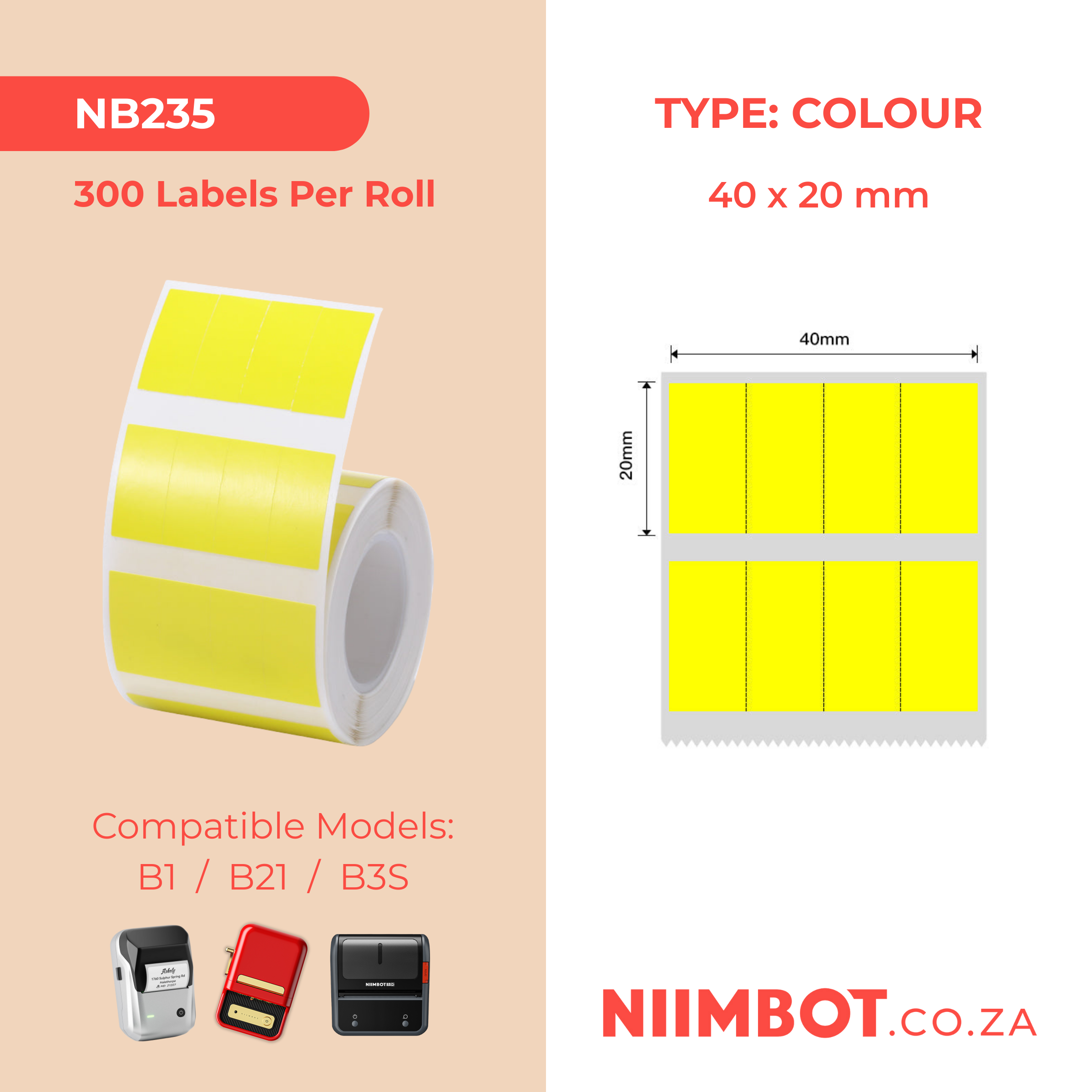 NB235 - NIIMBOT - B1 / B21 / B3S - 40*20MM - (10X20X4)- 300 THERMAL LABELS - YELLOW