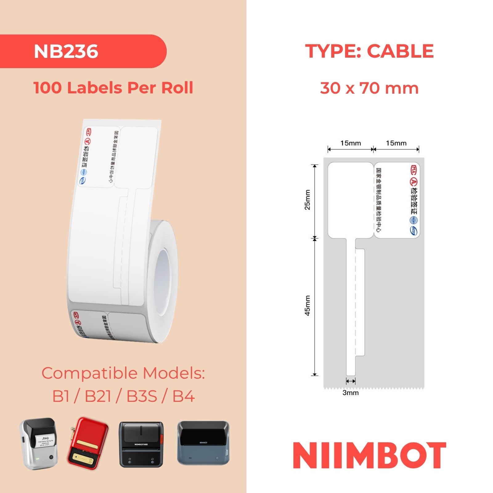 NB236 - NIIMBOT - B3S KUPHELA - R02F - 30*70MM (30X25+40X3) - 100 AMALEBELE EZITHILEYO - UKWENZIWA KWEKHABULA YASECHINE