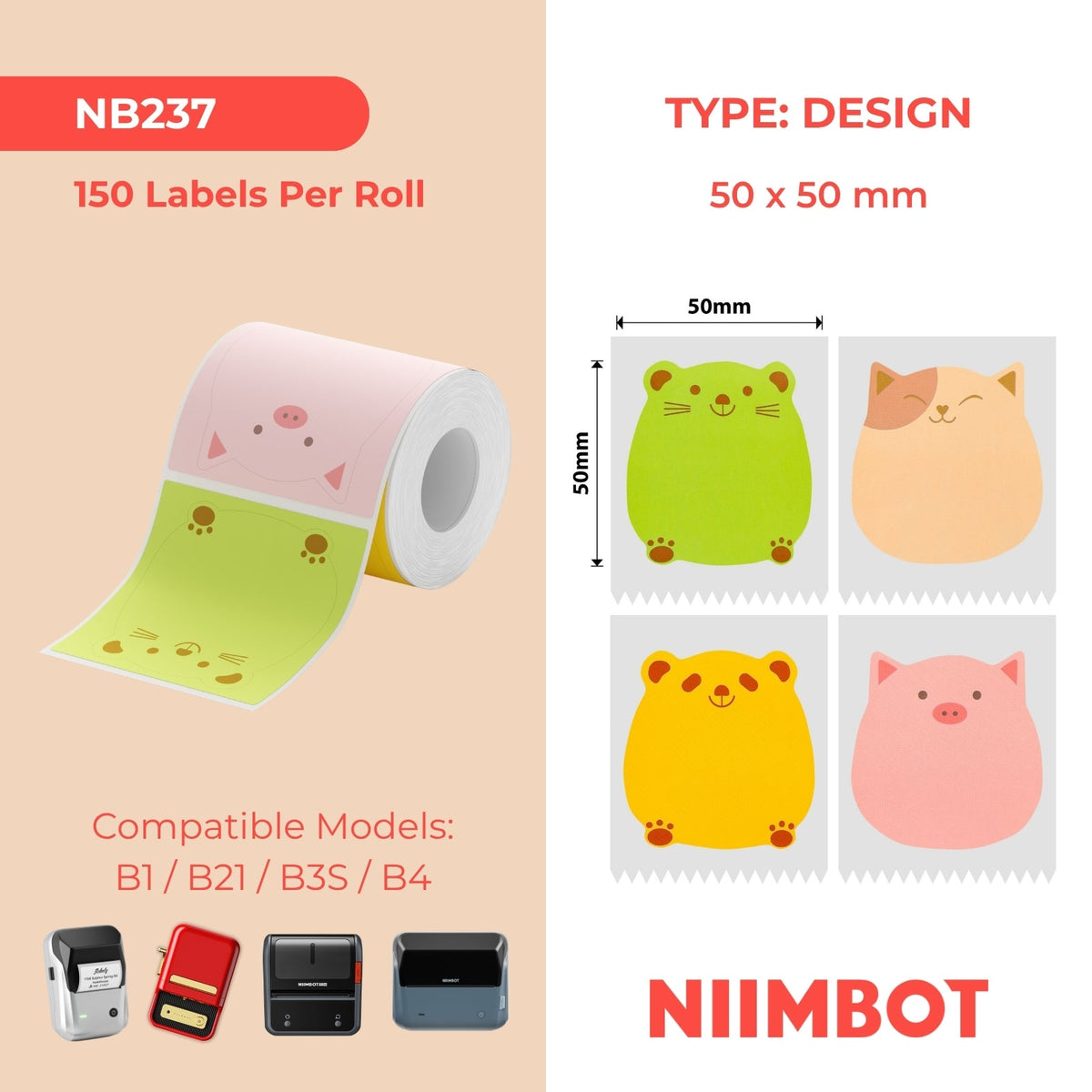 NB237 - NIIMBOT - B1 / B21 / B3S - 50*50MM - 150 TERMIESE ETIKETTE - DIEREONTWERP