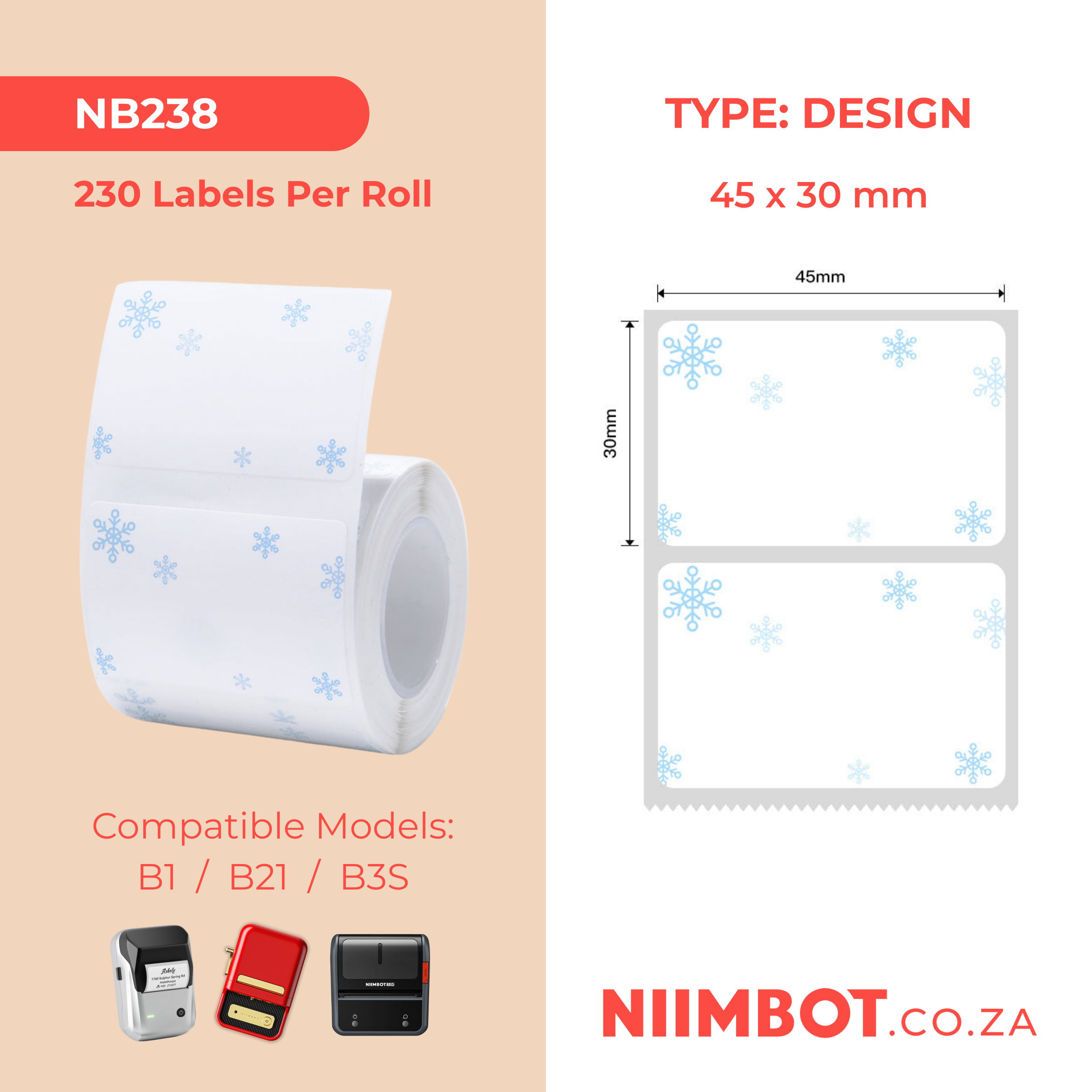 NB238 - NIIMBOT - B1 / B21 / B3S - 45*30MM - 230 LABELS PER ROLL - SNOW BLUE DESIGN