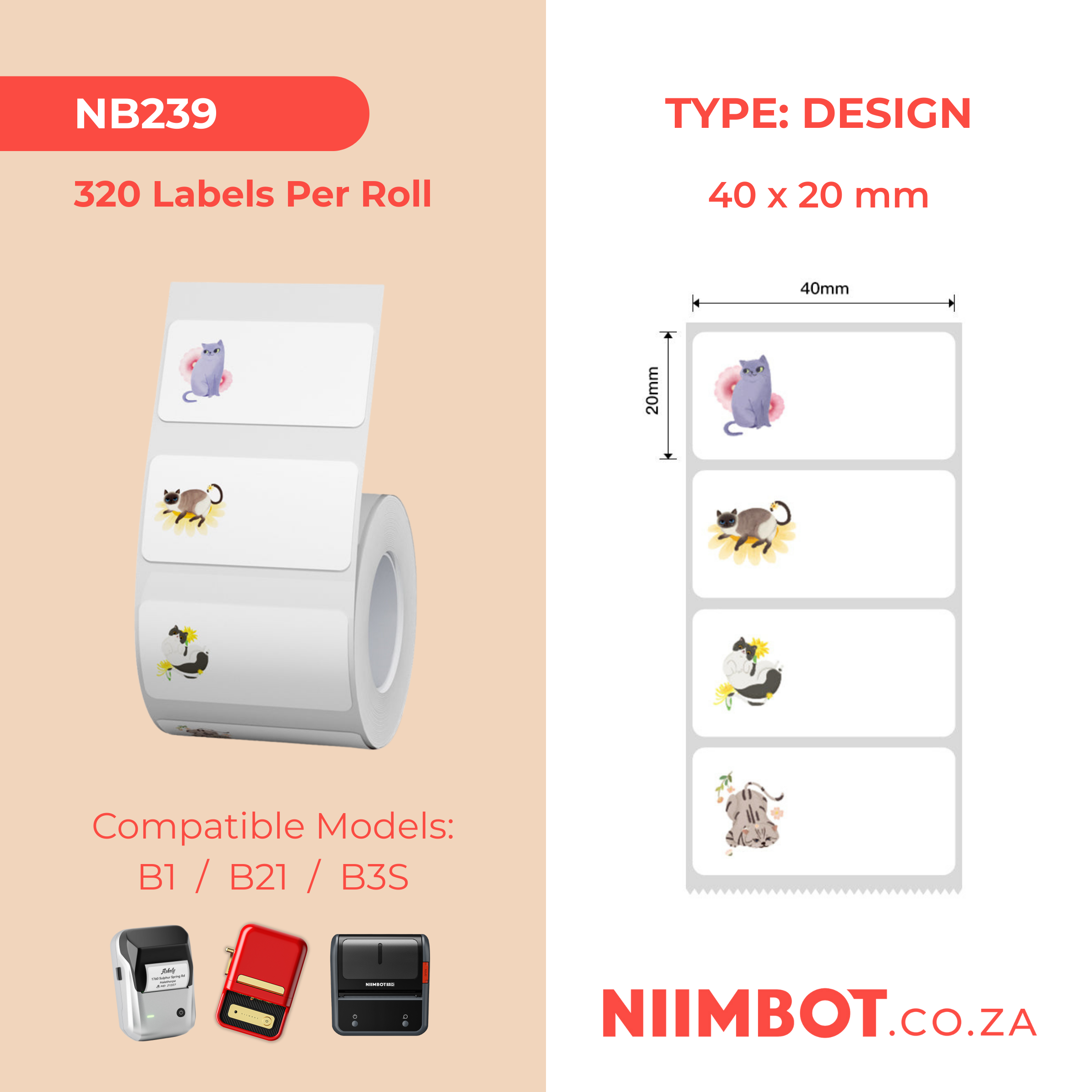 NB239 - NIIMBOT - B1 / B21 / B3S - 40*20MM - 320 LABELS PER ROLL - CAT DESIGN