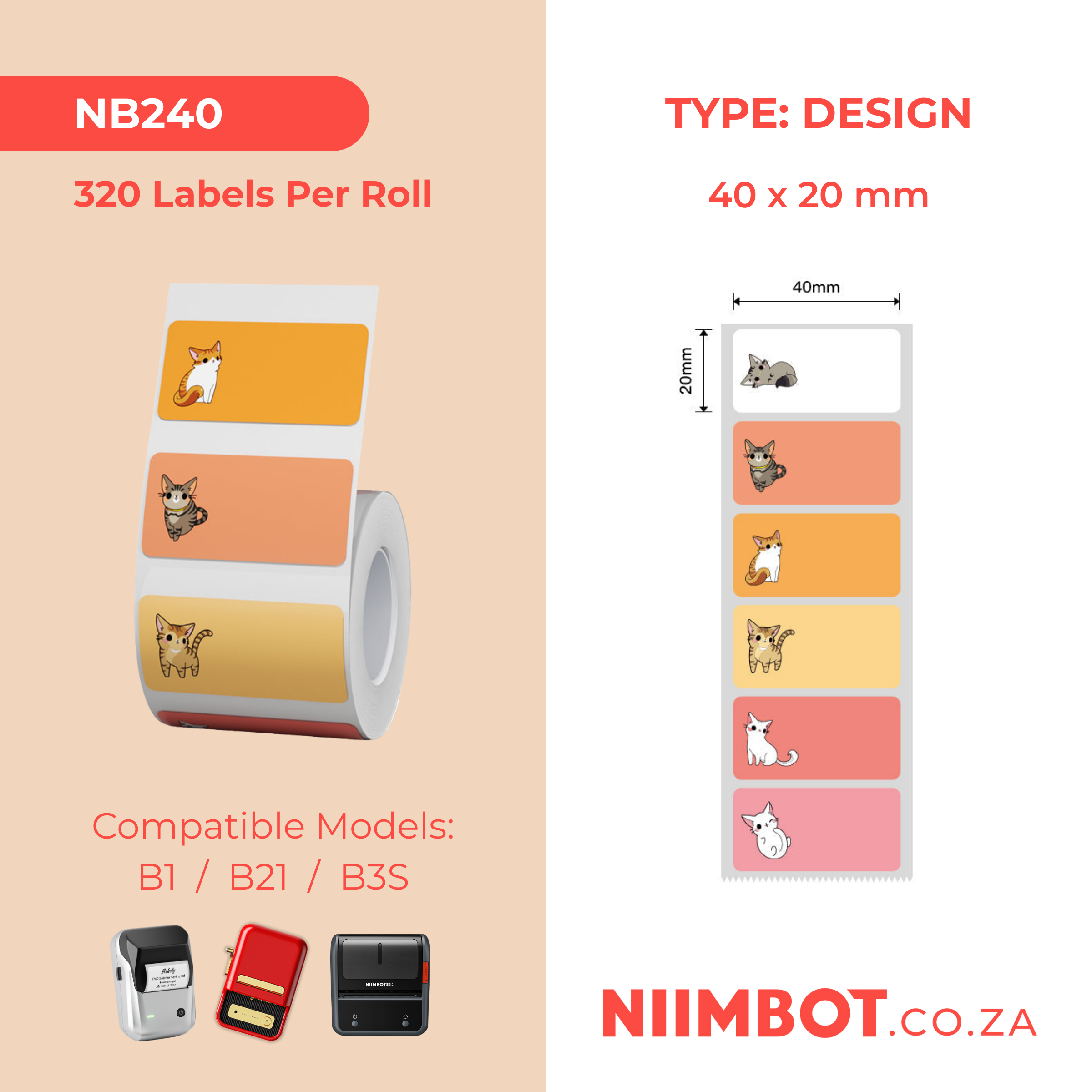 NB240 - NIIMBOT - B1 / B21 / B3S - 40*20MM - 320 RED/ORANGE THERMAL LABELS - CAT DESIGN