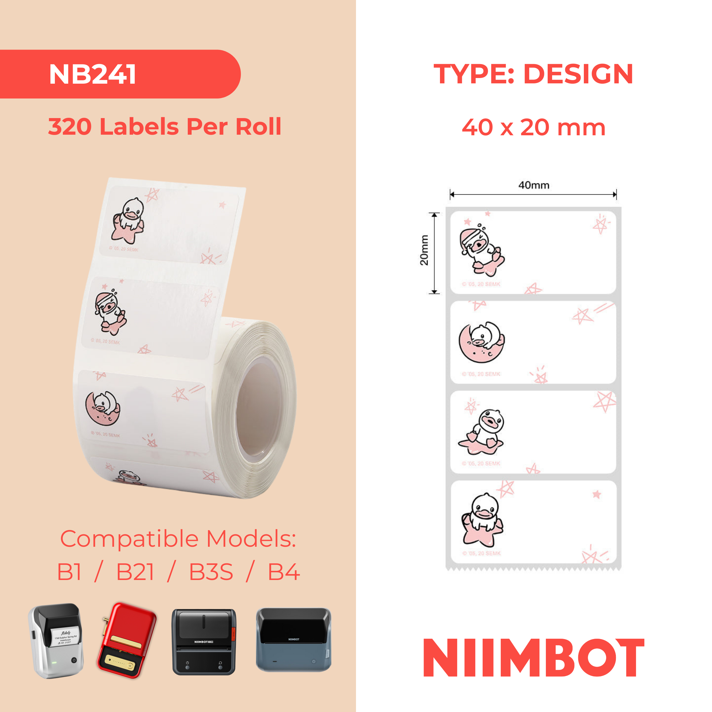 NB241 - NIIMBOT - B1 / B21 / B3S / B4 - 40X20MM - 320 LABELS PER ROLL - DUCK DESIGN