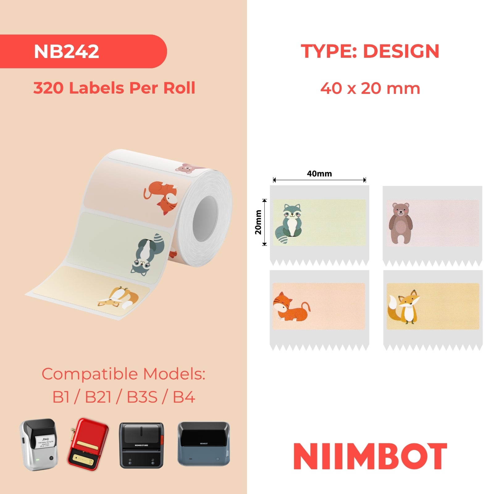 NB242 - NIIMBOT - B1 / B21 / B3S - 40*20MM - 320 AMALEBELE OKUTHETHAYO - I-NAMETAG UKWENZIWA KWEZILWANE