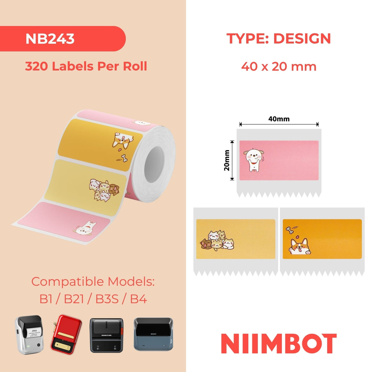 NB243 - NIIMBOT - B1 / B21 / B3S - 40*20MM - 320 PIENK EN ORANJE TERMIESE ETIKETTE - KAT- EN HONDONTWERP 