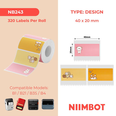 NB243 - NIIMBOT - B1 / B21 / B3S - 40*20MM - 320 PIENK EN ORANJE TERMIESE ETIKETTE - KAT- EN HONDONTWERP 