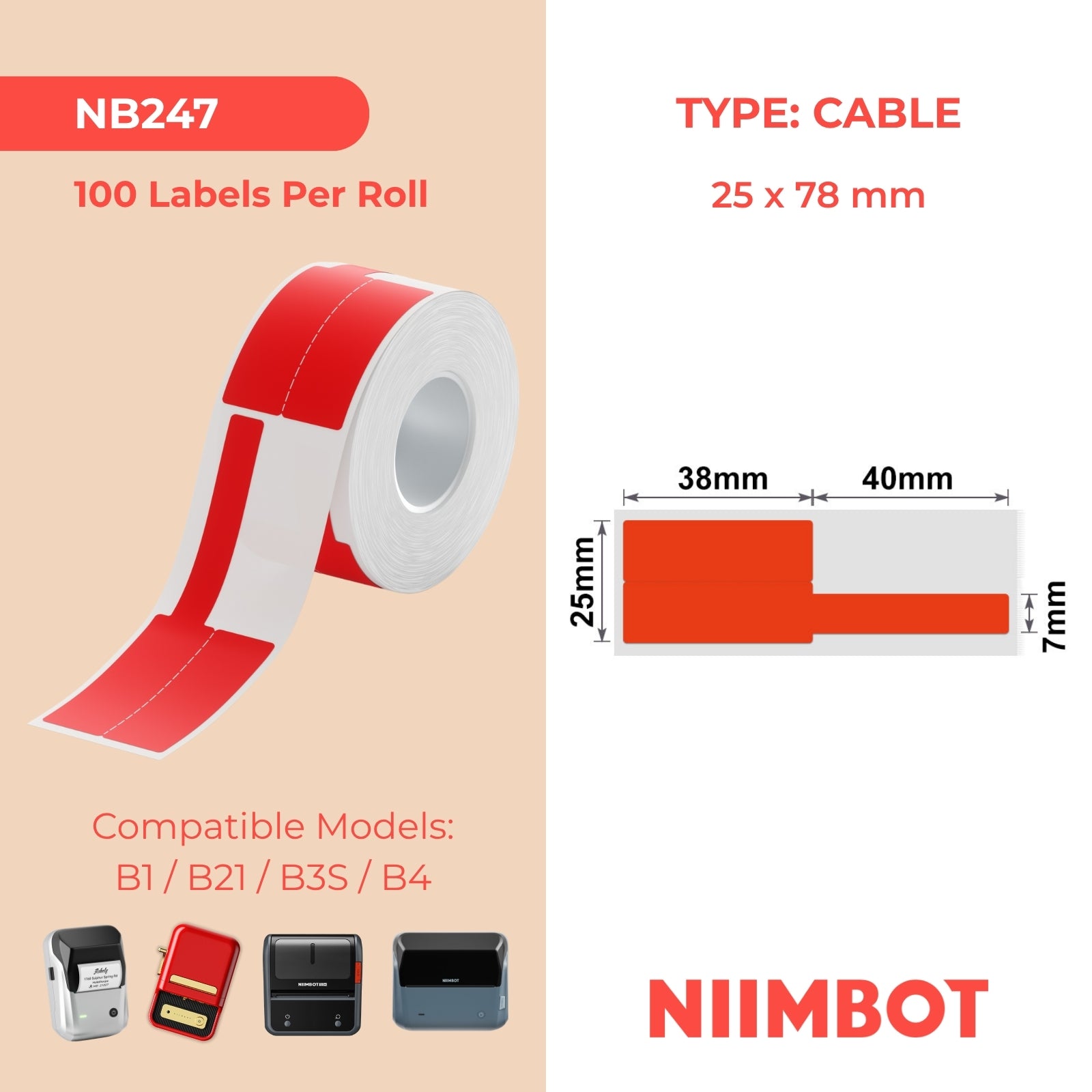 I-NB247 - NIIMBOT - B1 / B21 / B3S - 25*78MM - 100 AMALEBO NGOKUQONGA NGAKHONA - IKHABULA / UBUCHWEPHESHE - RED 