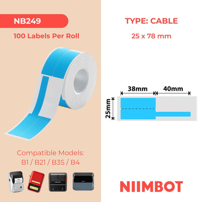 NB249 - NIIMBOT - B1 / B21 / B3S - R02F - 25*78MM (25X38+40X7) -100 BLOU TERMIESE ETIKETTE - KABELONTWERP 