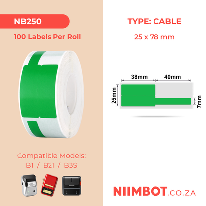 NB250 - NIIMBOT - B1 / B21 / B3S - 25*78MM - 100 LABELS PER ROLL - CABLE / JEWELLERY - GREEN