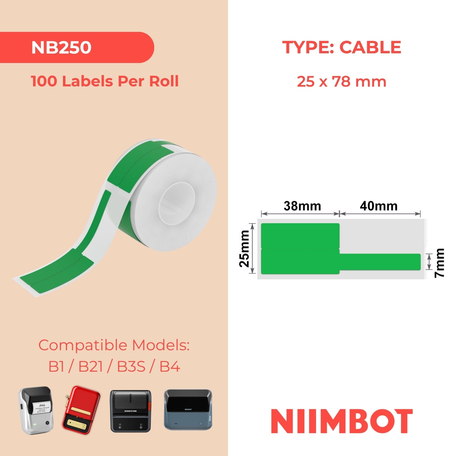 NB250 - NIIMBOT - B1 / B21 / B3S - 25*78MM - 100 ETIKETTE PER ROL - KABEL / JUWELE - GROEN