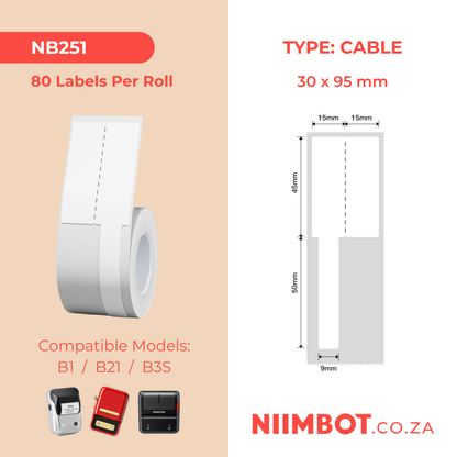 NB251 - NIIMBOT - B1 / B21 / B3S - R03F - 30*95MM (30X45+50X9) - 80 LABELS PER ROLL - CABLE - WHITE