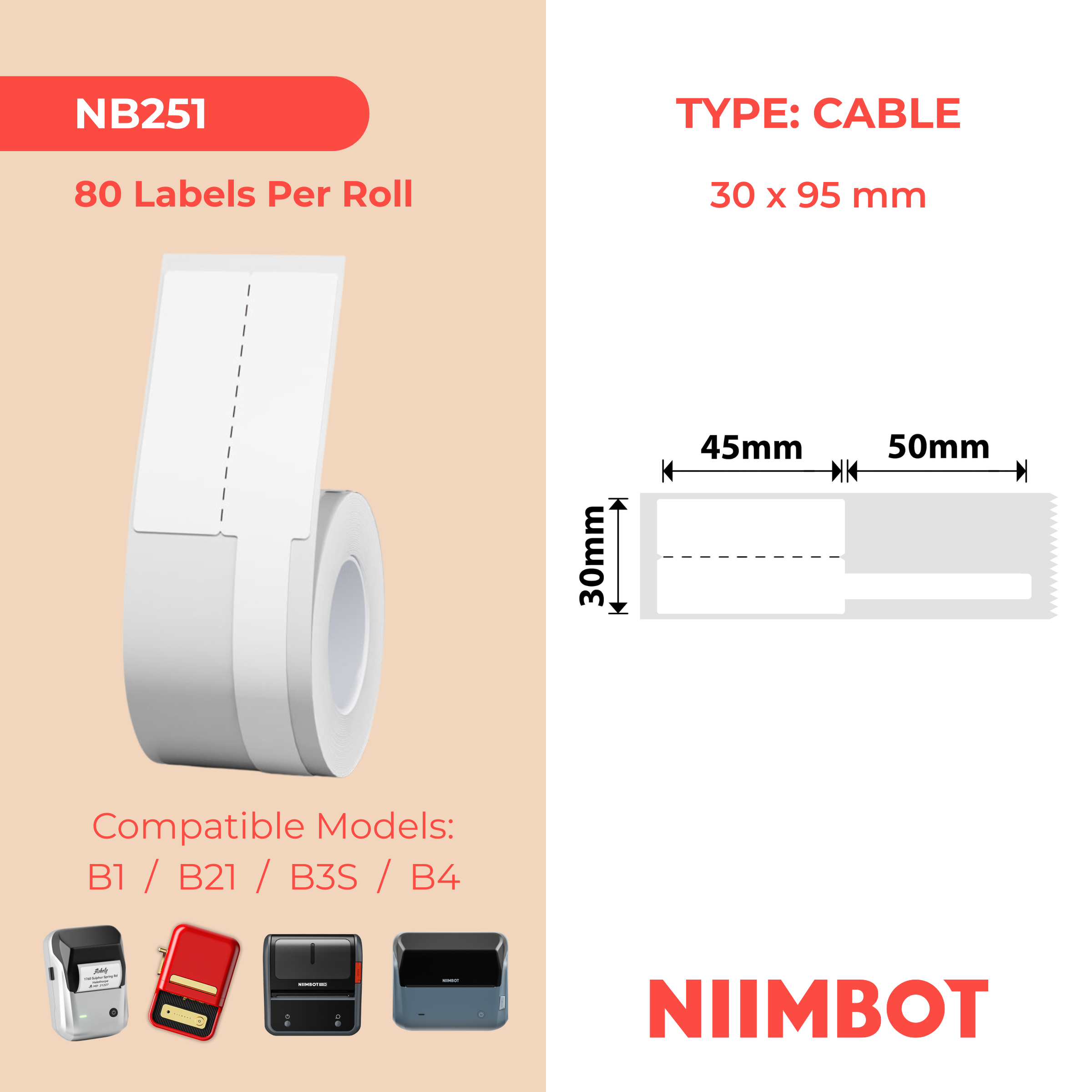 NB251 - Niimbot - B1 / B21 / B31 / B3S / B4 - 30x95mm - 80 White Cable Labels