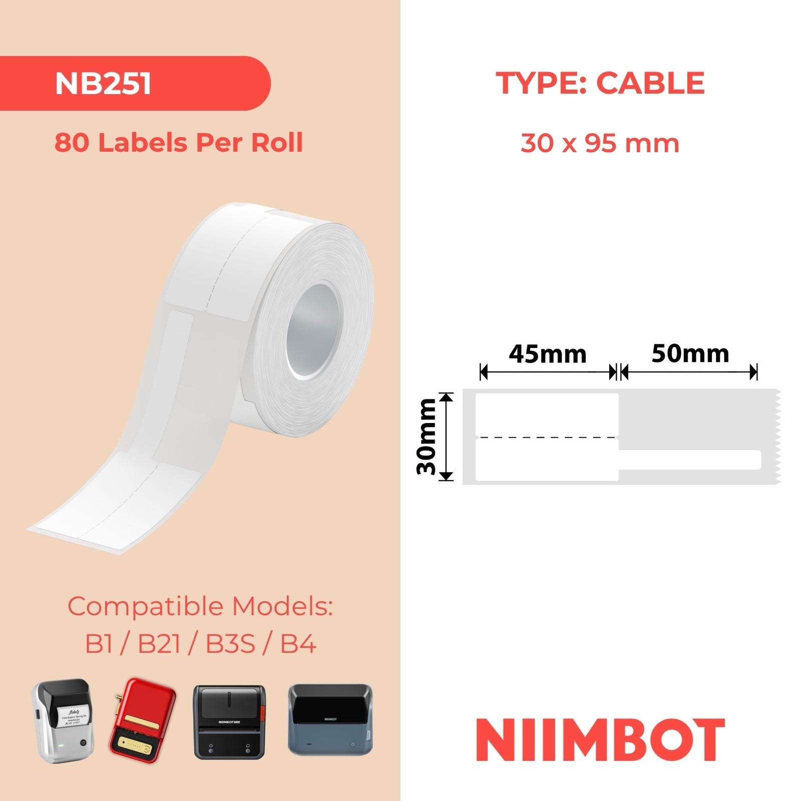 NB251 - NIIMBOT - B1 / B21 / B3S - R03F - 30*95MM (30X45+50X9) - 80 ETIKETTE PER ROL - KABEL - WIT 