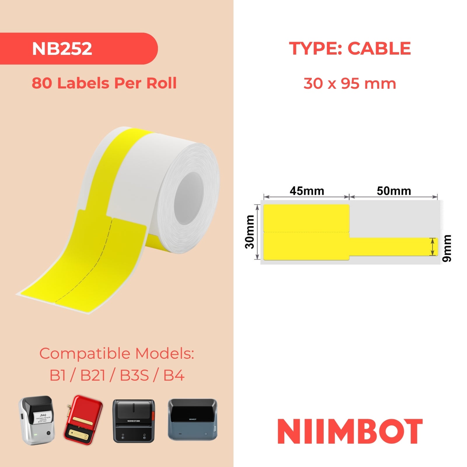NB252 - NIIMBOT - B1 / B21 / B3S - 30*95MM - 100 ETIKETTE PER ROL - KABEL / JUWELE - GEEL 