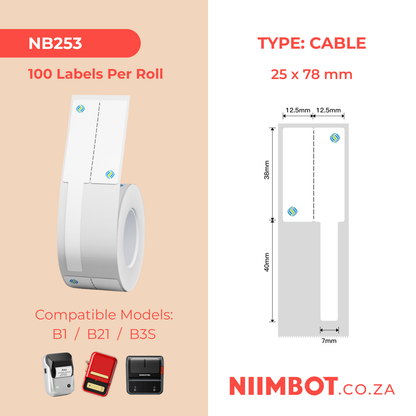 NB253 - NIIMBOT - B1 / B21 / B3S - R02F - 25*78MM (25X38+40X7) - 100 LABELS PER ROLL - CMC LOGO - CABLE DESIGN