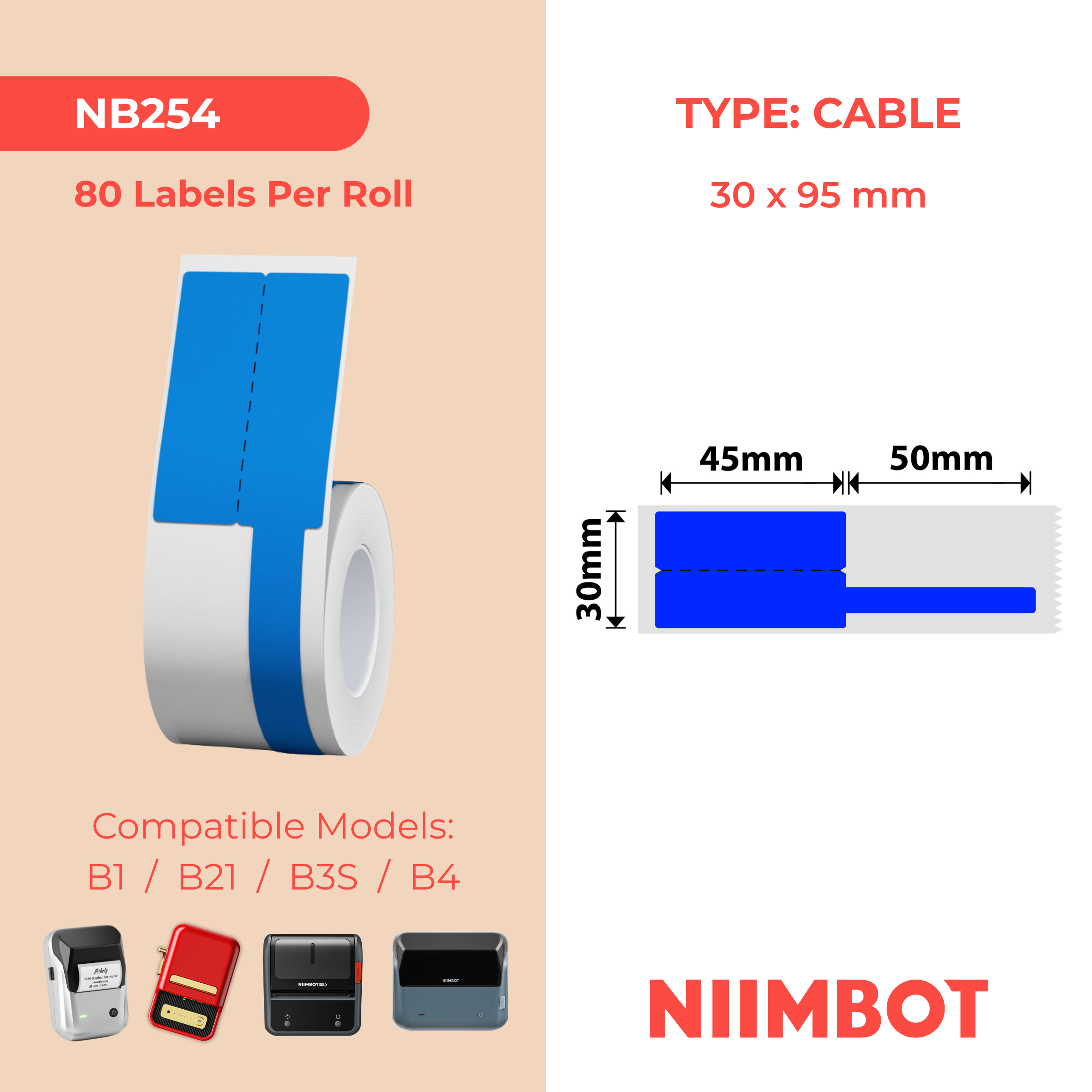 NB254 - Niimbot - B1 / B21 / B31 / B3S / B4 - 30x95mm - 80 Blue Cable Labels