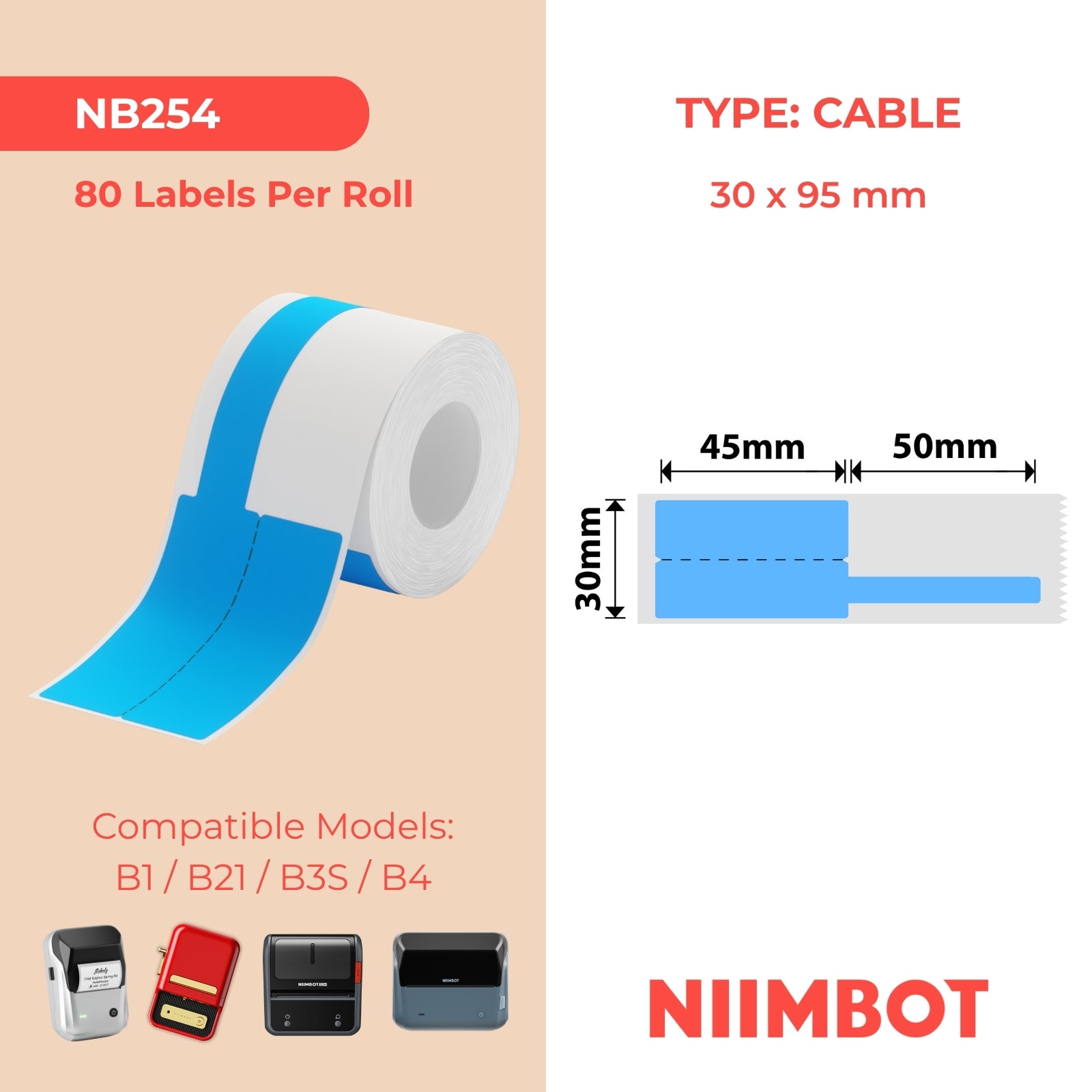 NB254 - NIIMBOT - B1 / B21 / B3S - R03F - 30*95MM (30X45+50X9) - 80 BLOU TERMIESE ETIKETTE - KABELONTWERP