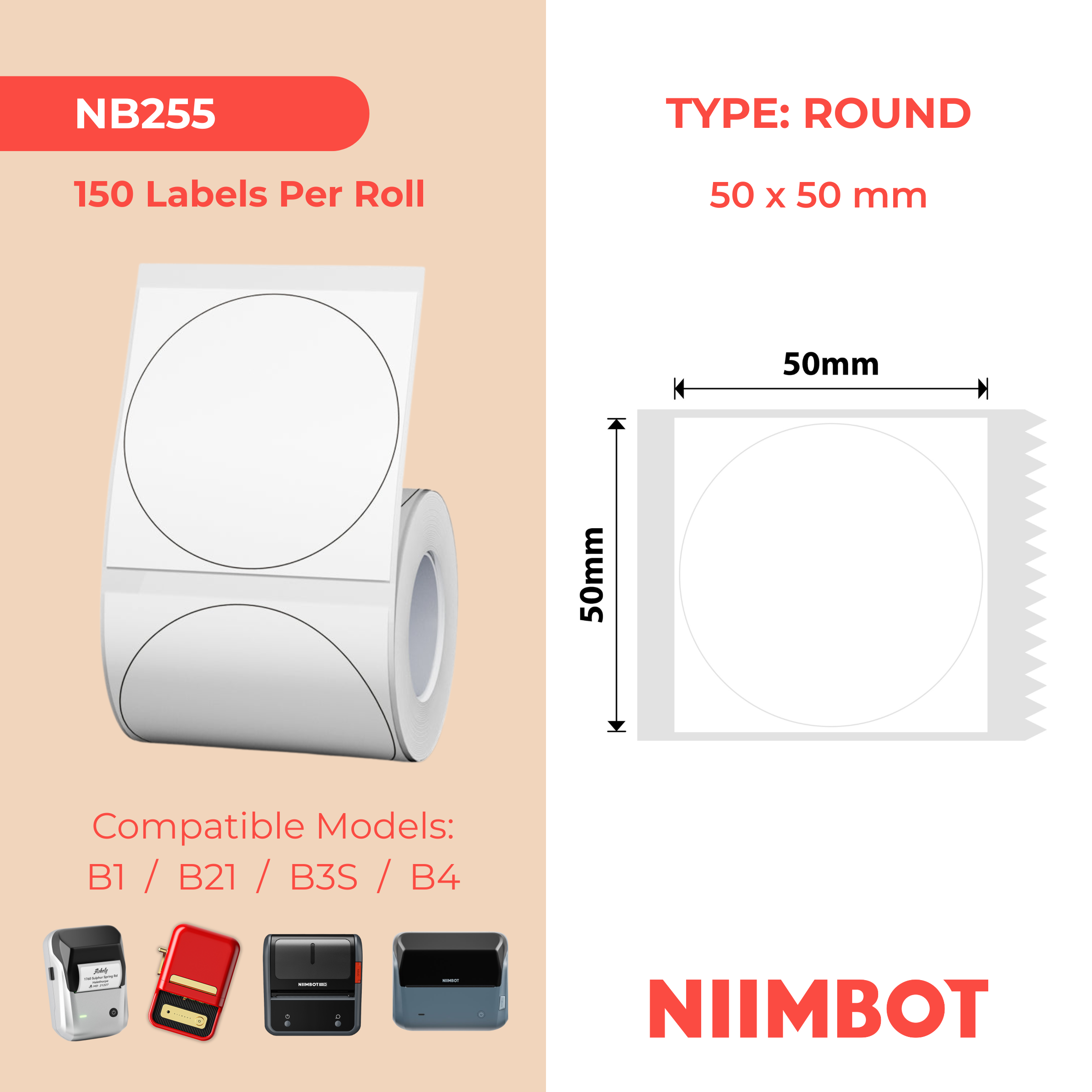 NB255 - NIIMBOT - B1 / B21 / B3S - T50*50MM - 150 ETIKETTE PER ROL - ROND - WIT