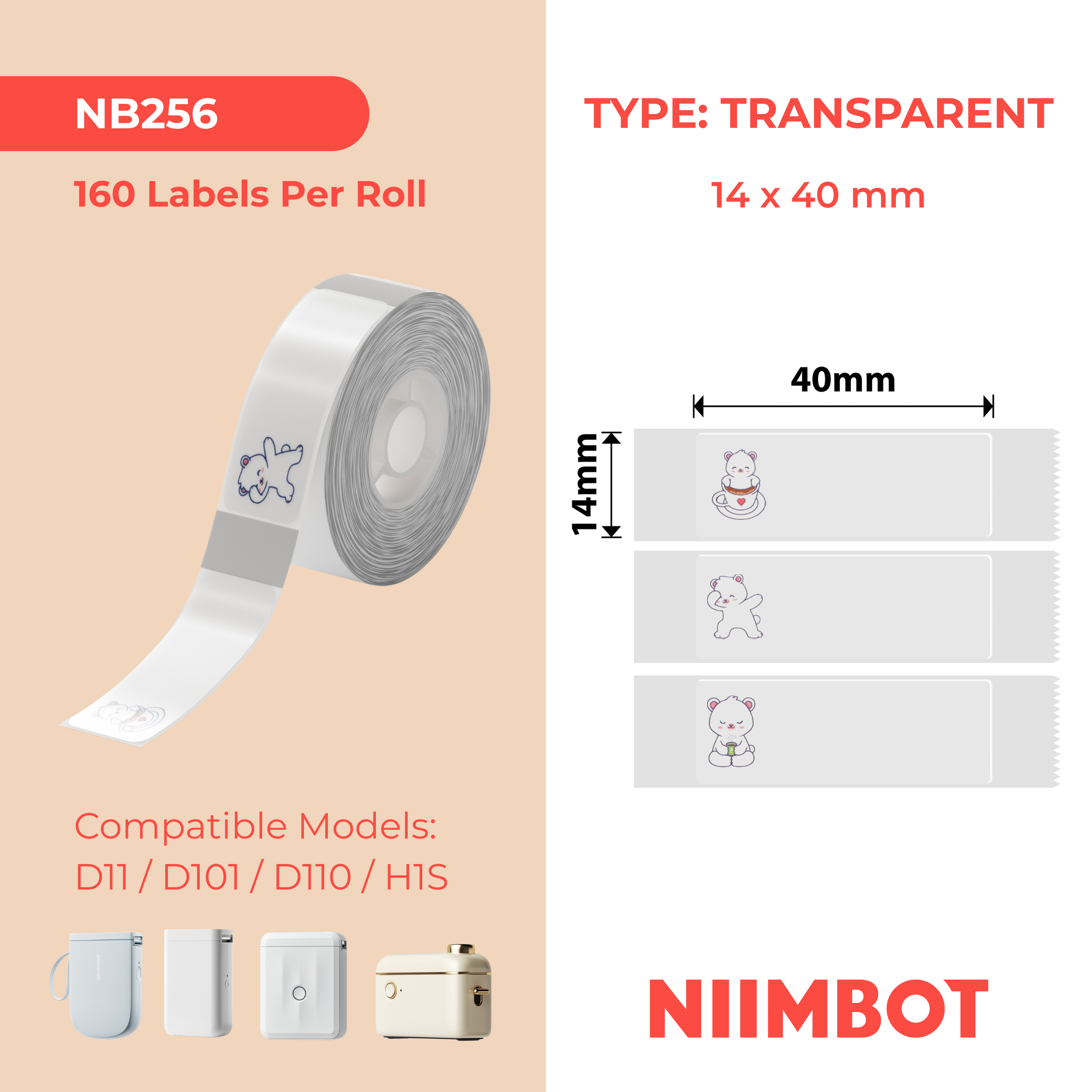NB256 - NIIMBOT - D11 / D101 / D110 - ER14*40 - 160 ETIKETTE PER ROL - LAZY BEAR ONTWERP