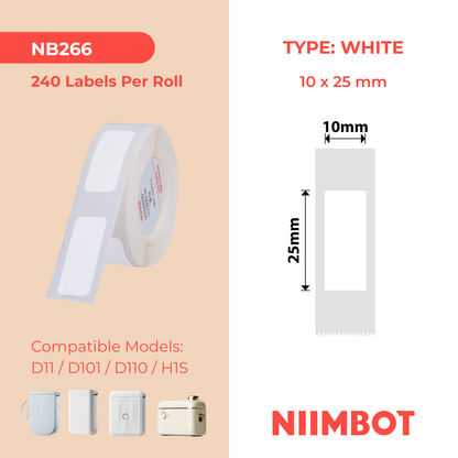 NB266 - NIIMBOT - D11 / D101 / D110 / H1S - R10X25MM - 240 LABELS PER ROLL - WHITE