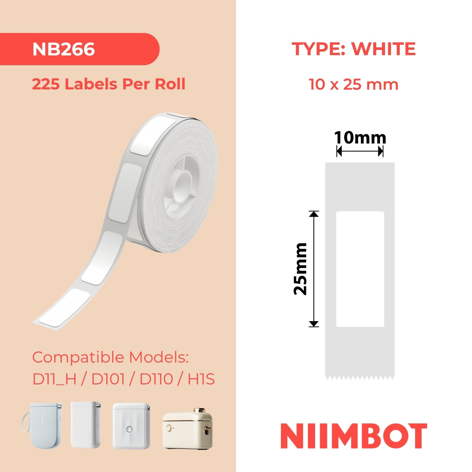 NB266 - NIIMBOT - D11 / D101 / D110 - R10*25 - 240 ETIKETTE PER ROL - WIT