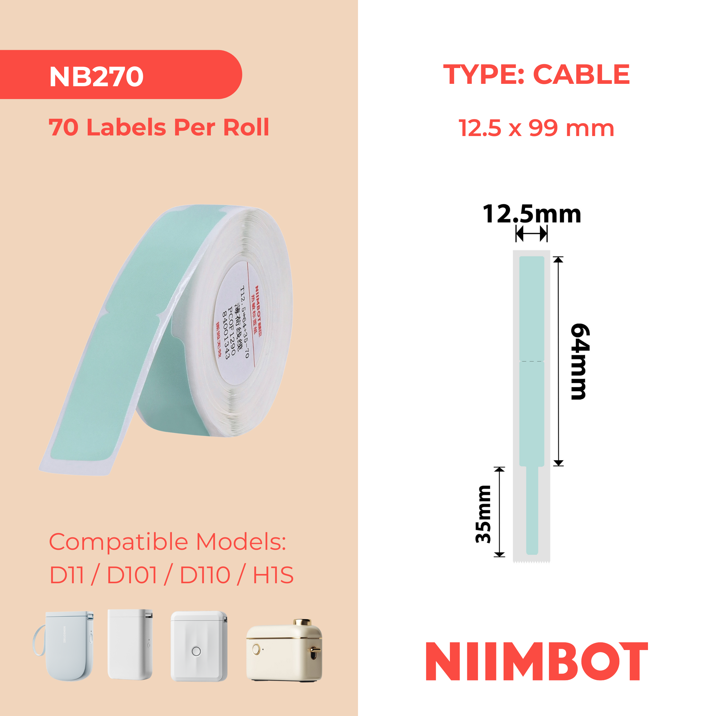 NB270 - NIIMBOT - D11 / D101 / D110 / H1S - R12.5X99MM - 70 LABELS PER ROLL - MINT CABLE DESIGN