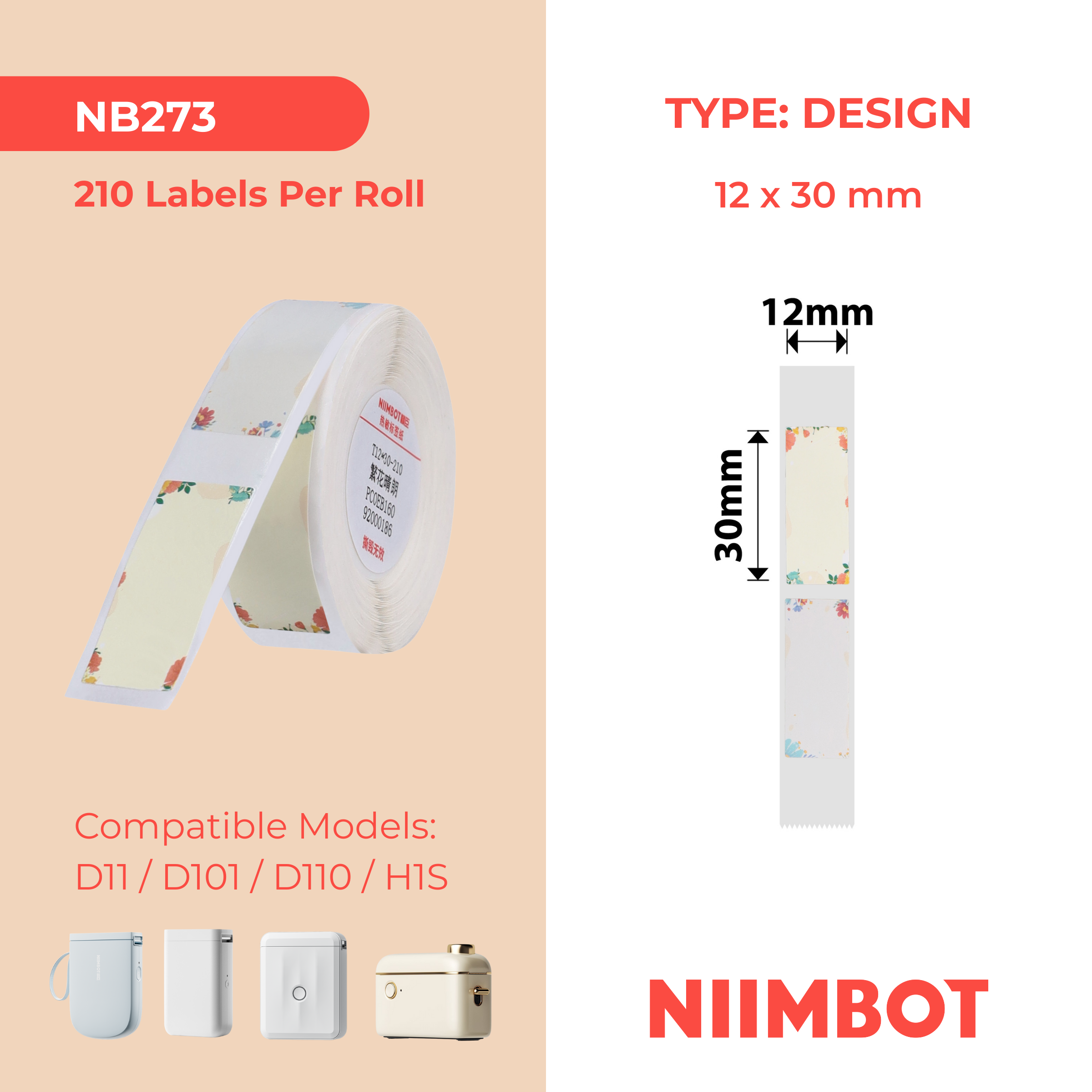 NB273 - NIIMBOT - D11 / D101 / D110 / H1S - 12X30MM - 210 FLOWERS LABELS