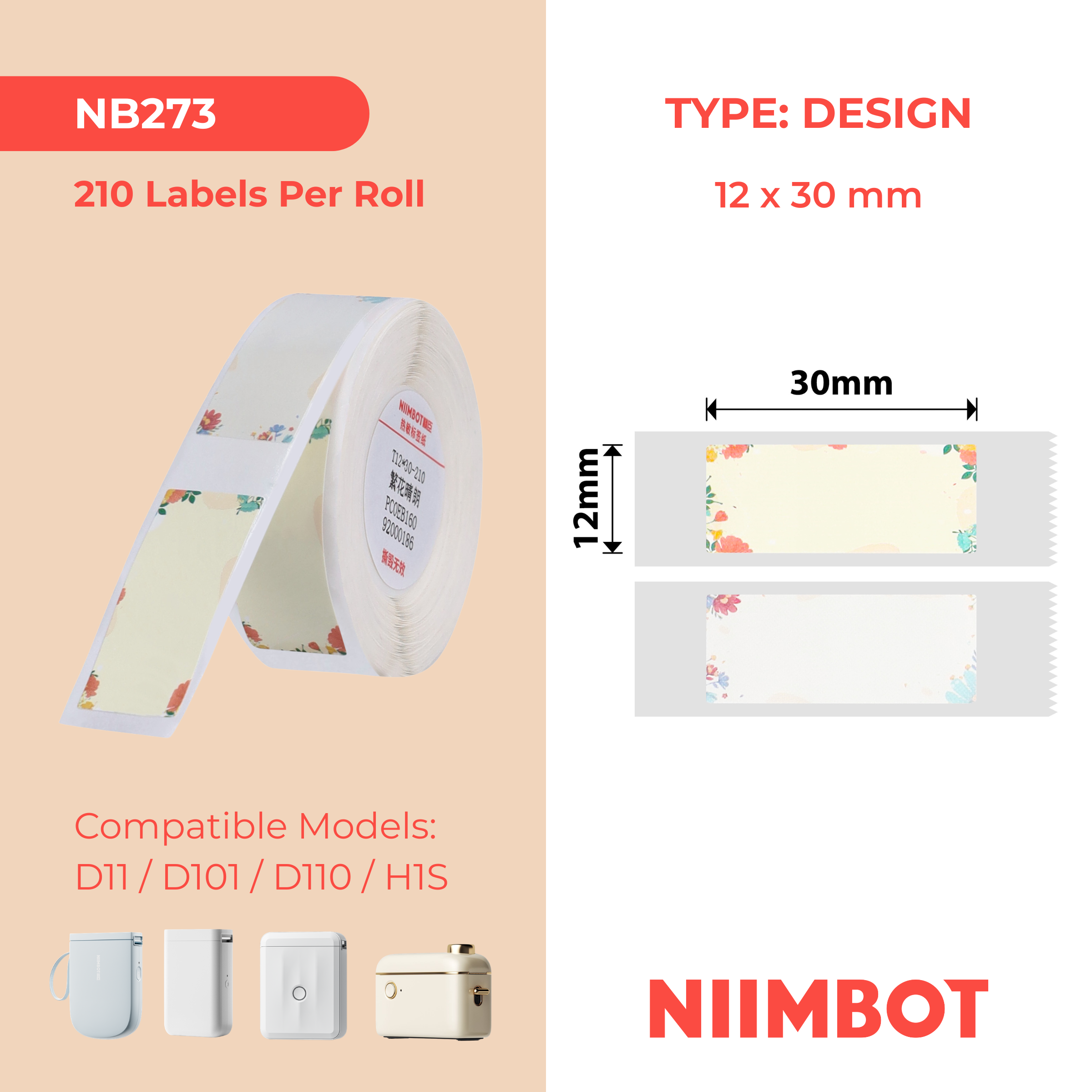 NB273 - NIIMBOT - D11 / D101 / D110 - R12*30 - 210 ETIKETTE PER ROL - BLOMME-ONTWERP