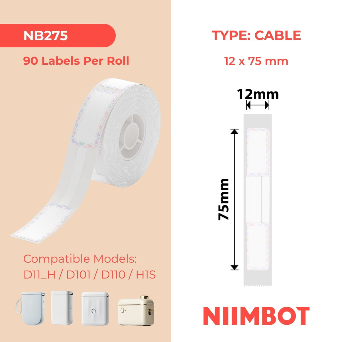 NIIMBOT - D Range - 12x75mm - Milk Candy Cable - 90 Labels