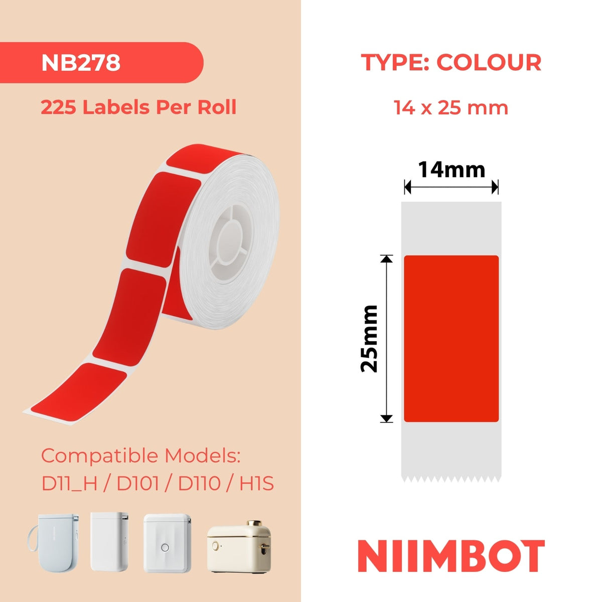NIIMBOT - D Range - 14x25mm - Red - 225 Labels