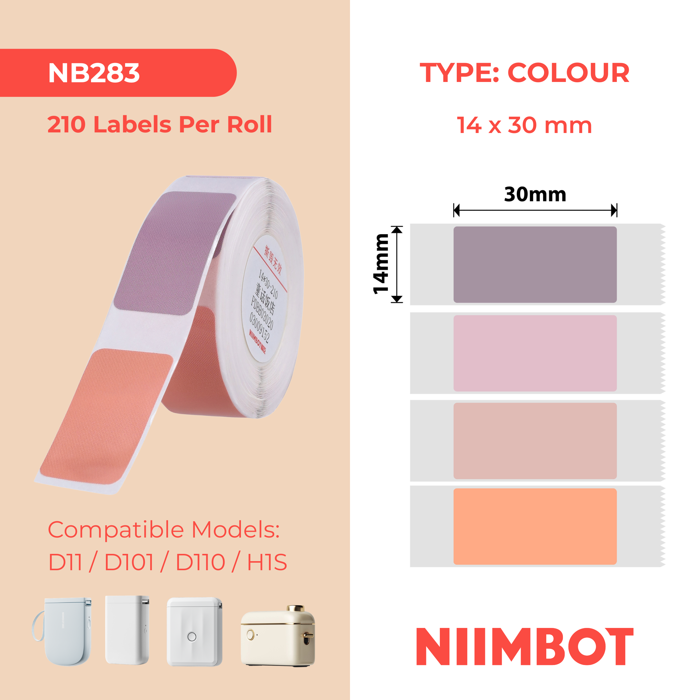 NIIMBOT - D Range - 14x30mm - Pink Mixed Colours - 195 Labels