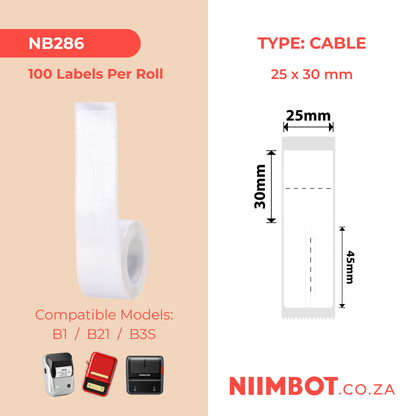 NB286 - NIIMBOT - B1 / B21 / B3S - T25*30+45 - 100 LABELS PER ROLL - JEWELLERY - WHITE
