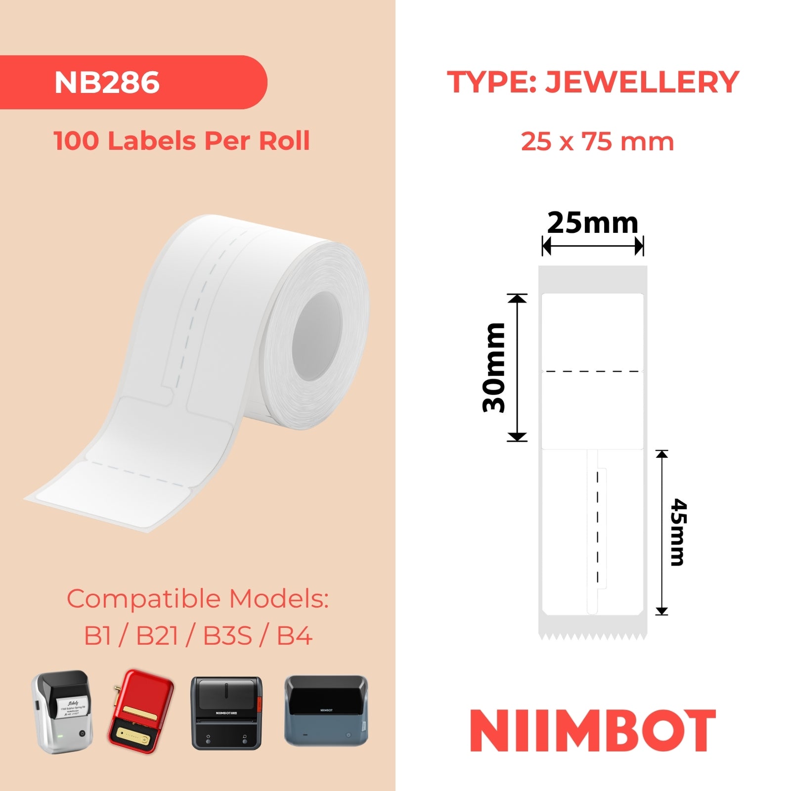 NB286 - NIIMBOT - B1 / B21 / B3S - T25*30+45 - 100 ETIKETTE PER ROL - JUWELE - WIT