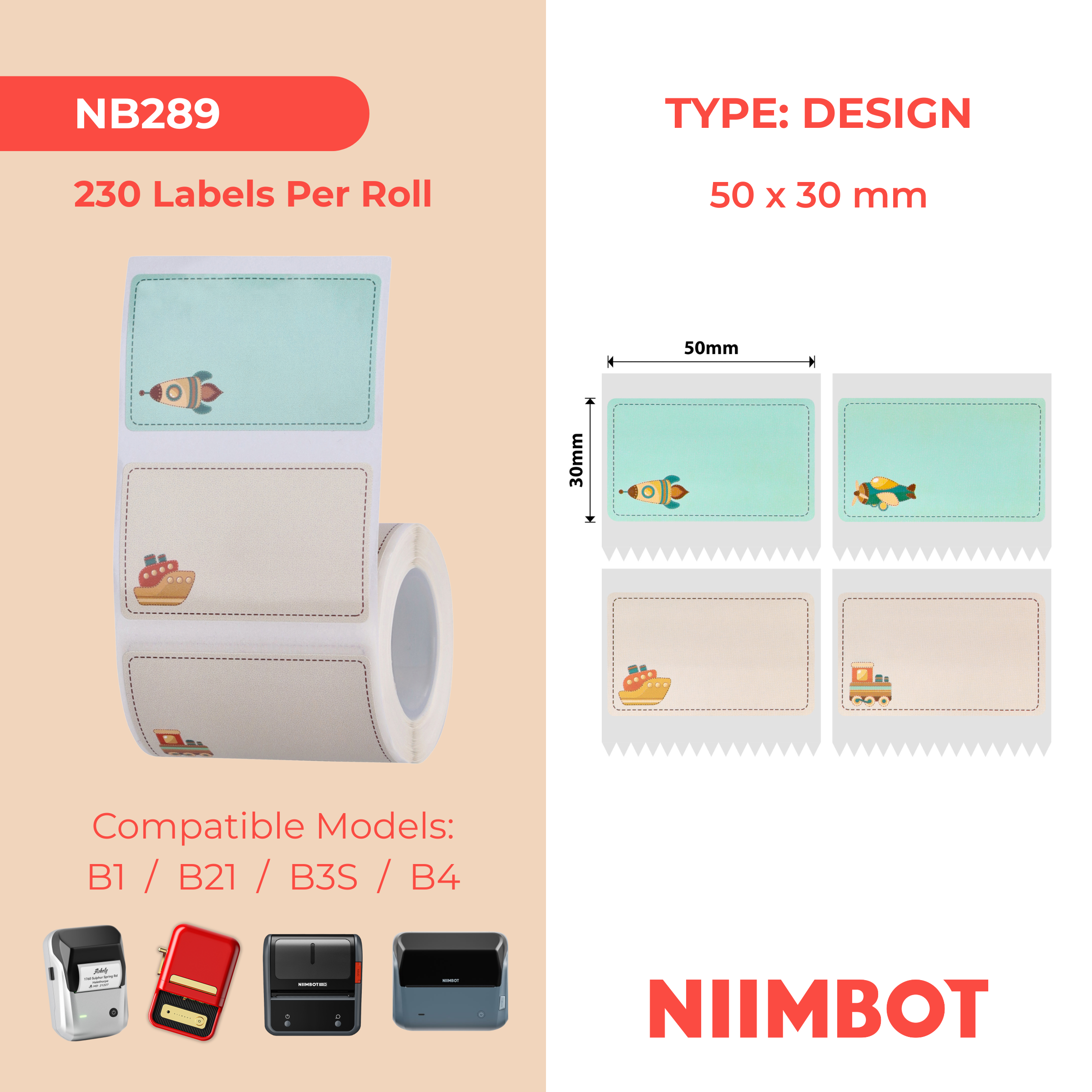 NB289 - NIIMBOT - B1 / B21 / B3S - R50*30 - 230 ETIKETTE PER ROL - KINDERDROOMONTWERP