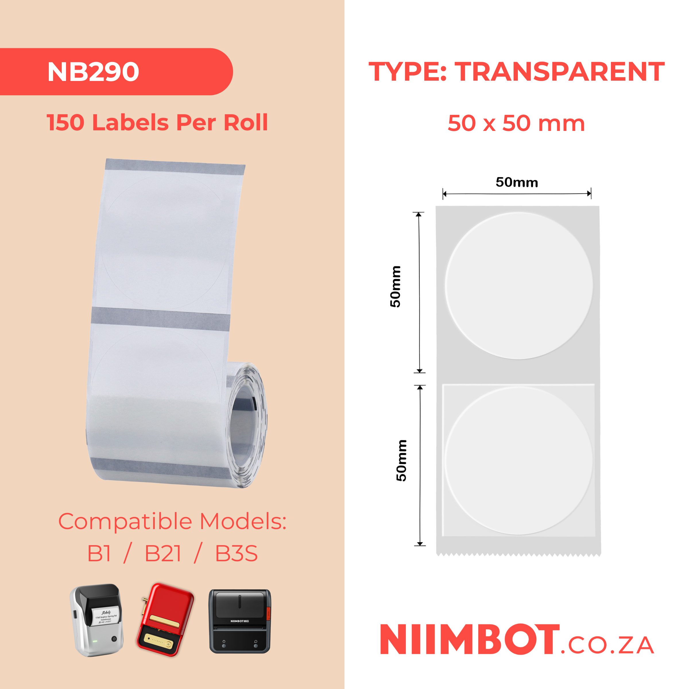 NB290 - NIIMBOT - B1 / B21 / B3S - TT50*50MM - 150 LABELS PER ROLL - ROUND - TRANSPARENT