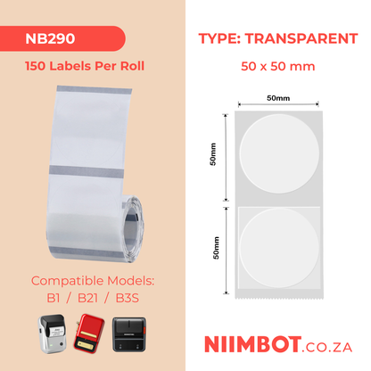 NB290 - NIIMBOT - B1 / B21 / B3S - TT50*50MM - 150 LABELS PER ROLL - ROUND - TRANSPARENT