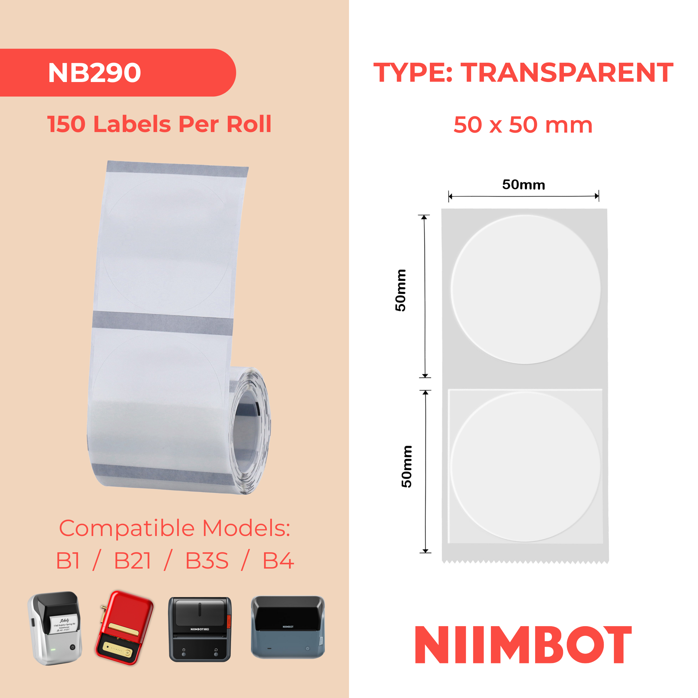 NB290 - NIIMBOT - B1 / B21 / B3S / B4 - TT50X50MM - 150 LABELS PER ROLL - ROUND - TRANSPARENT