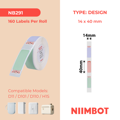 NB291 - NIIMBOT - D11 / D101 / D110 / H1S - R14X40MM - 160 LABELS PER ROLL - SLEEPY ANIMALS DESIGN