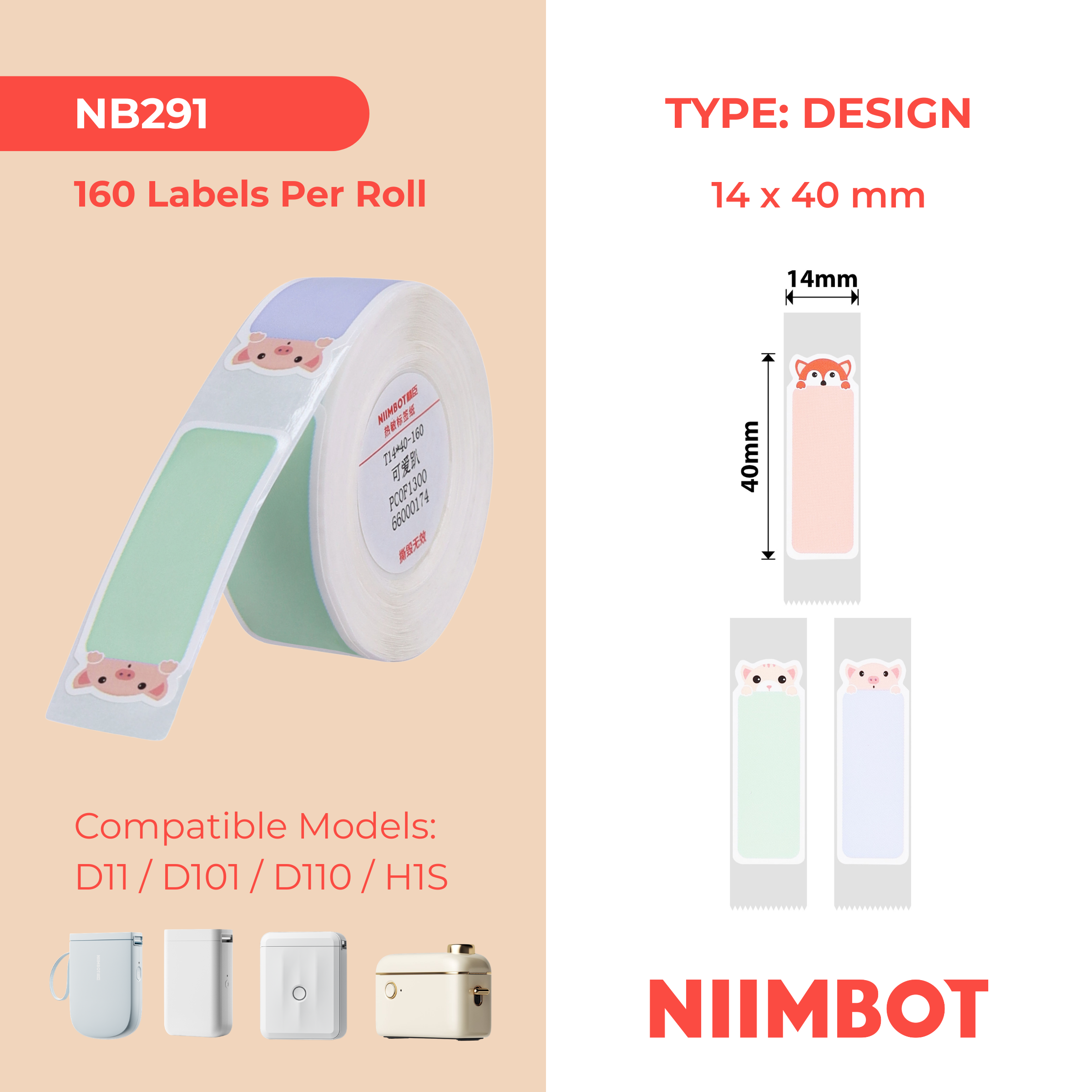 NB291 - NIIMBOT - D11 / D101 / D110 - R14*40 - 160 ETIKETTE PER ROL - SLEEPY ANIMALS ONTWERP
