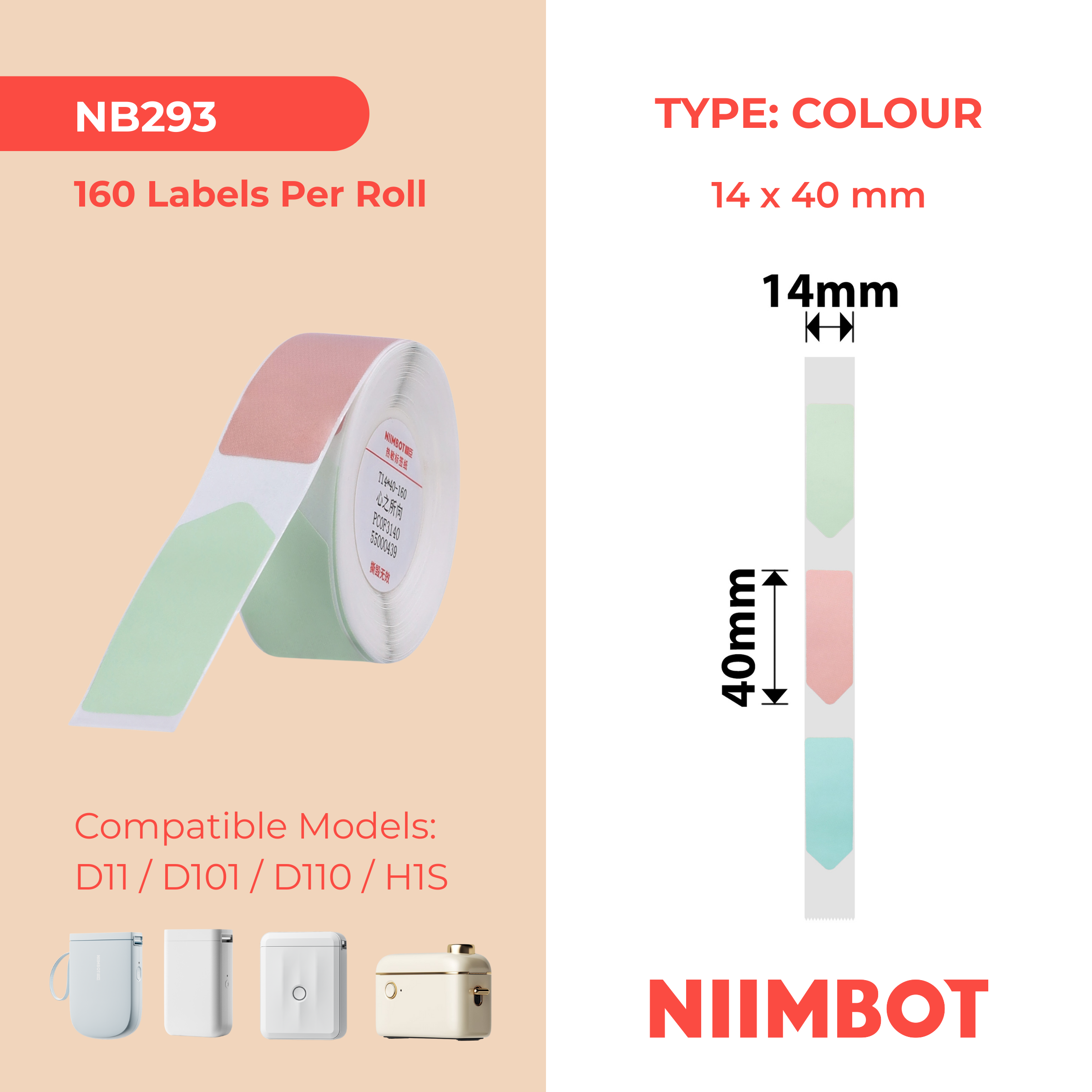 NB293 - NIIMBOT - D11 / D101 / D110 / H1S - 14X40MM - 160 STATIONARY ARROW SHAPE COLOUR LABELS