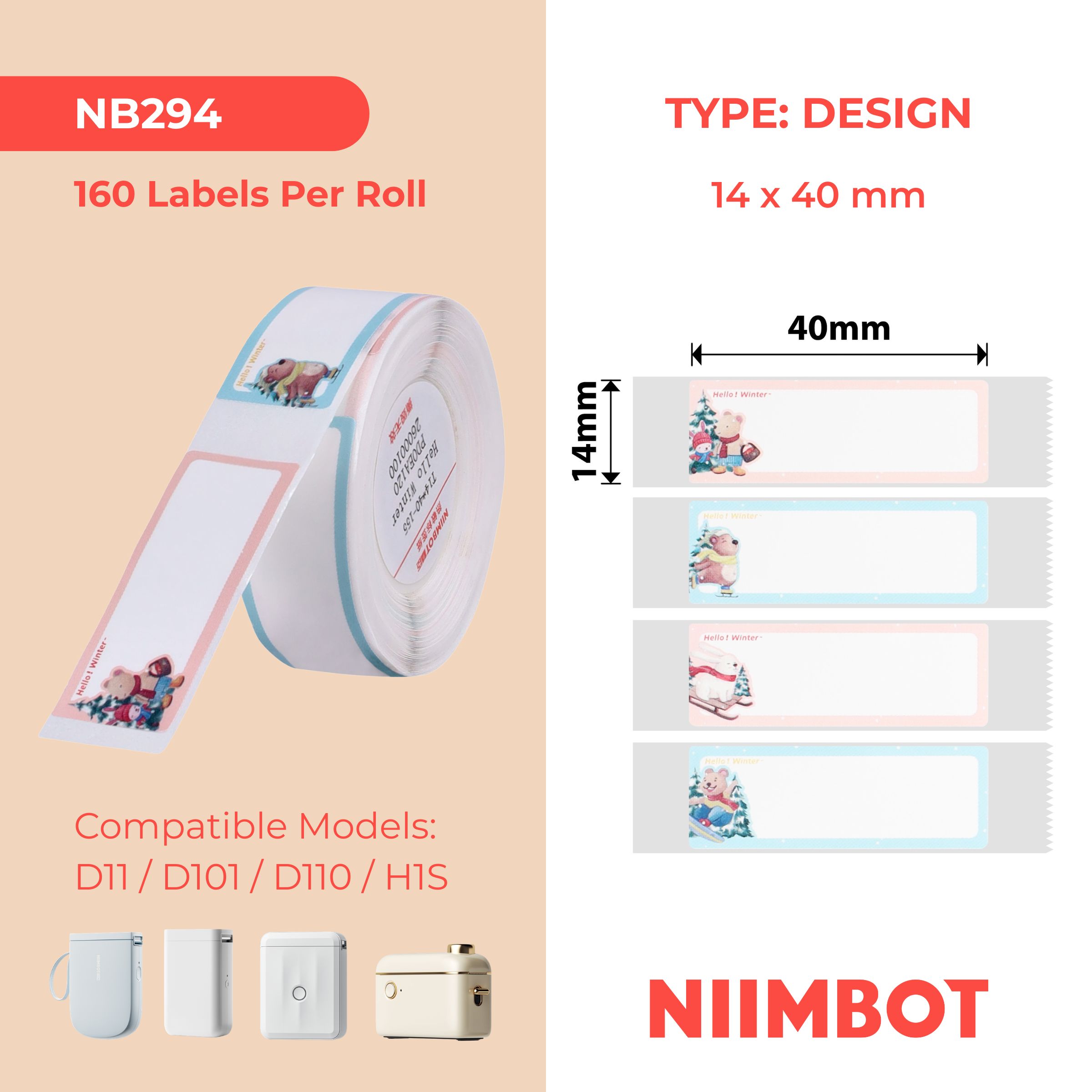 NB294 - NIIMBOT - D11 / D101 / D110 - R14*40 - 160 ETIKETTE PER ROL - HALLO WINTER