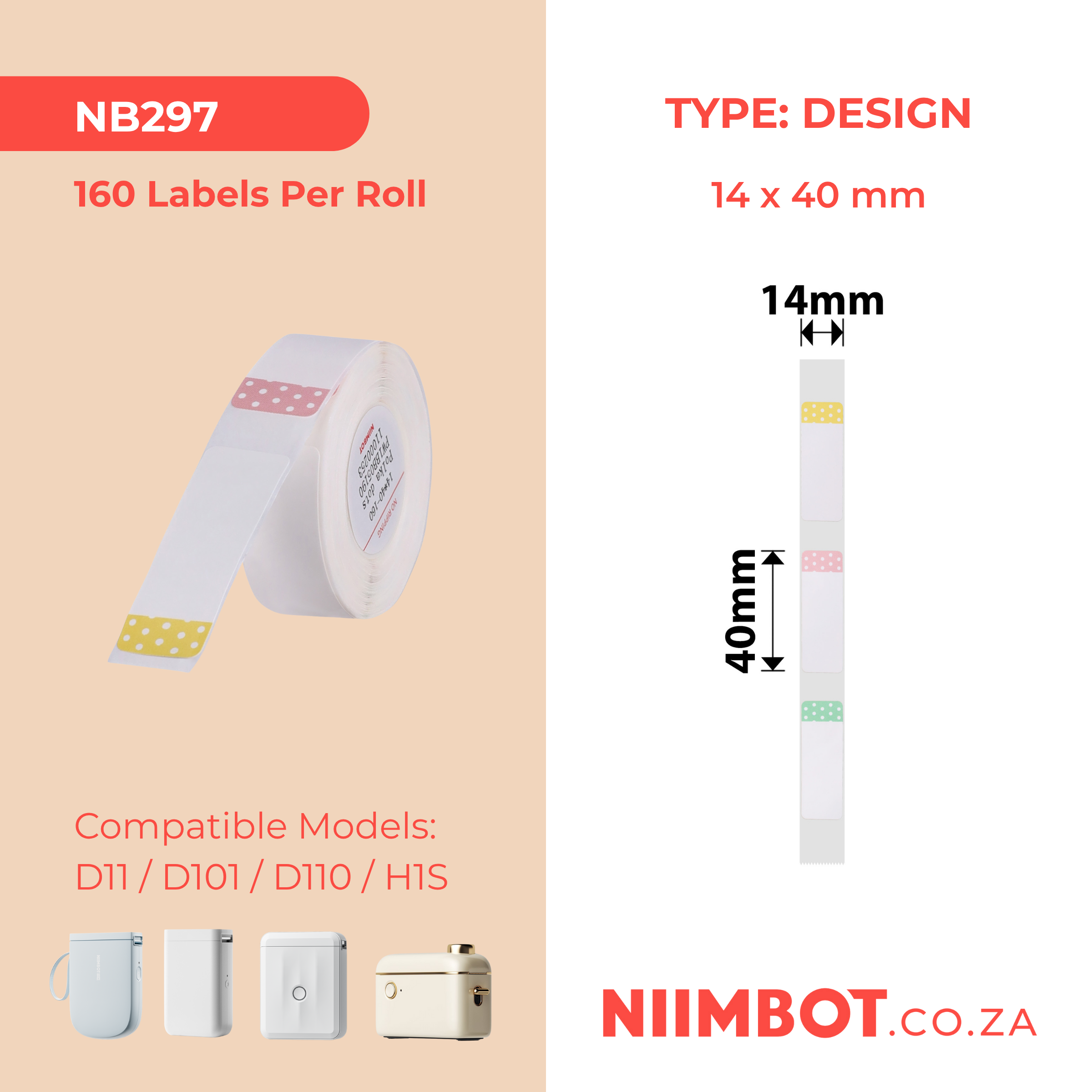NB297 - NIIMBOT - D11 / D101 / D110 - R14*40 - 160 LABELS PER ROLL - POLKA DOTS DESIGN